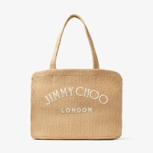 即日発送 ★Jimmy Choo★ RAFFIA トート バッグ Beach Tote East-West | Ecru Striped Raffia Embroidered Tote