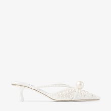 Sana Mule 50 | White Satin Mule with Pearl Embellishments | JIMMY CHOO
