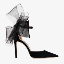 Black Pumps with Asymmetric Grosgrain Mesh Fascinator Bows 