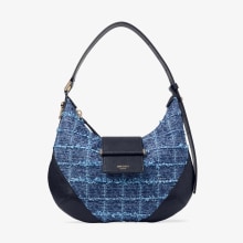 Bar Hobo Small | Marine Crosshatch Denim Fabric Shoulder Bag with