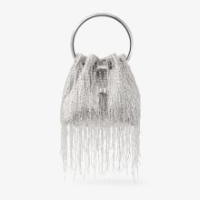 Bon Bon | Silver Braided Fringe Embroidery Bucket Bag | JIMMY CHOO