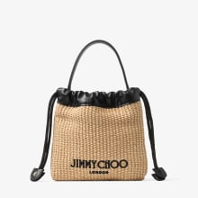 Drawstring Pouch Top Handle | Natural and Black Soft Raffia
