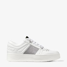 White Calf Leather Lace-Up Trainers with Glitter Stripe