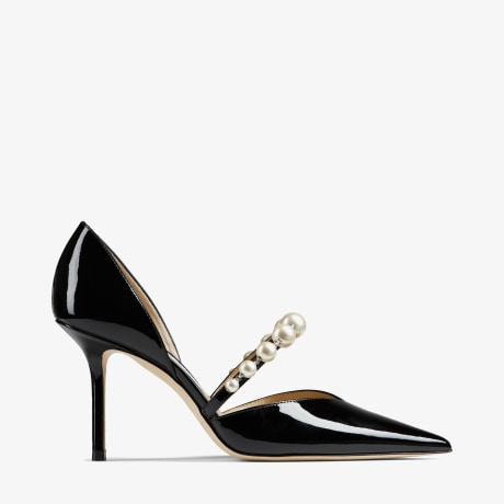 Black Patent Leather Pointed Pumps with Pearl Embellishment