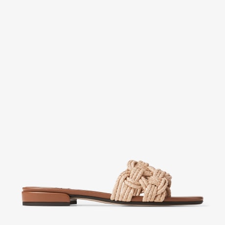 Chara Flat |Tan Leather and Crochet Raffia Slide | JIMMY CHOO