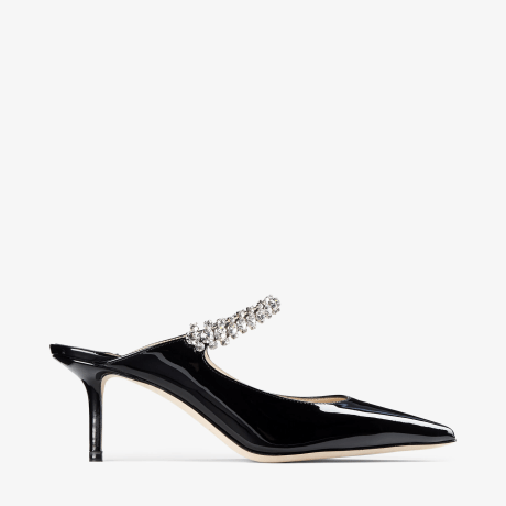 クリスタル ストラップ付き Black パテントレザー・ミュール