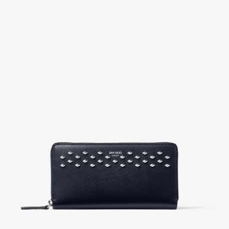 JIMMY CHOO ジミーチュウ リング金具 チェーンウォレット ネイビー フェリックス | マリン テクスチャードレザー・ダイヤモンドスタッズ