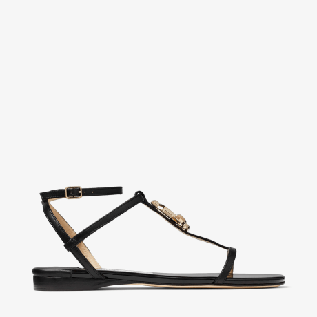 Black Nappa and Patent Leather Flat Sandals| ALODIE FLAT | Spring  