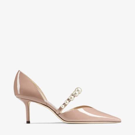 Ballet Pink Patent Leather Pointed Pumps with Pearl Embellishment