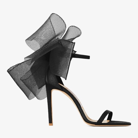Black Sandals with Asymmetric Grosgrain Mesh Fascinator Bows | AVELINE 100|  Pre Fall 19 | JIMMY CHOO