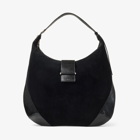Bar Hobo L | Black Suede Shoulder Bag with Shiny Snake Printed