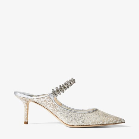 Silver Glitter Tulle Mules with Crystal Strap | BING 65