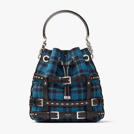 ショルダーバッグ・ポシェット JIMMY CHOO BON BON LEATHER BUCKET BAG BON BON | Black Satin Bucket Bag with Metal Flowers | New