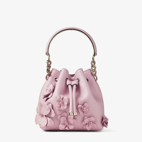 JIMMY CHOO Bon Bon Bucket S フラワー ミニバケットバッグ Bon Bon Bucket S | Black Calf Leather Mini Bucket Bag with