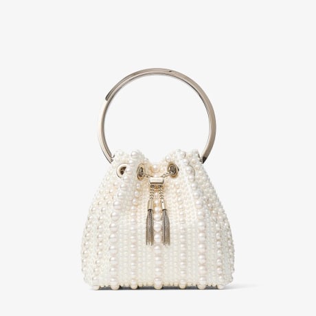 Bon Bon | Ivory Satin Bag with All-Over Pearls | JIMMY CHOO