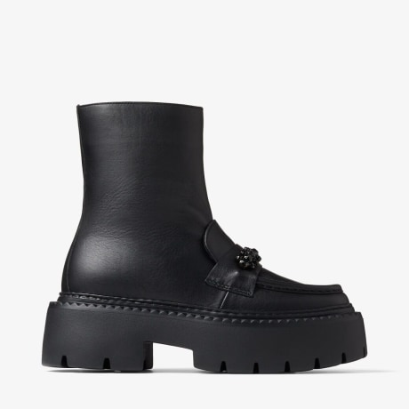 新品 JIMMY CHOO BRYER FLAT BRYER FLAT | Black Box Calf Leather Ankle Boots with Crystal