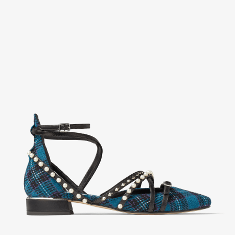 CELESTIA 25 | Peacock Tartan Fabric Pumps with Pearls and