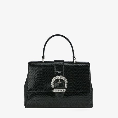 Black Soft Grainy Leather Shoulder Tote Bag with Crystal Buckle 