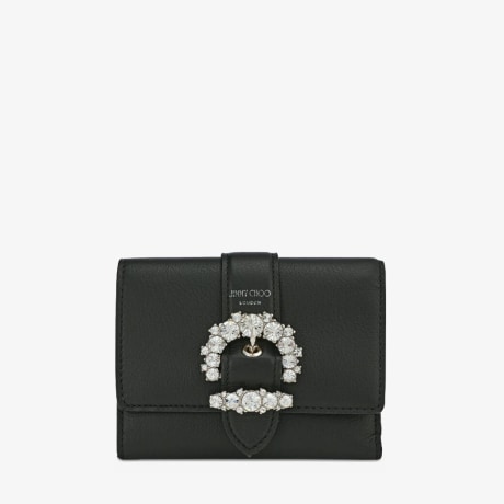 Black Smooth Leather Wallet with Crystal Buckle | CHERI