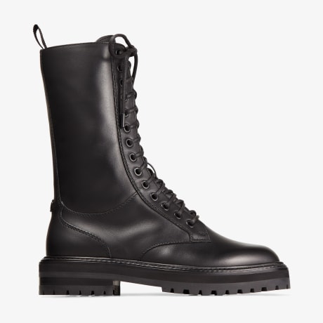 JIMMY CHOO の靴♪ ★ MONOGRAM CORA FLAT ★ 【入手困難】 Black Smooth Leather Combat Boots | CORA FLAT TALL | Winter