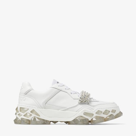 White Calf Leather Low Top Trainers with Crystal Strap | DIAMOND X 