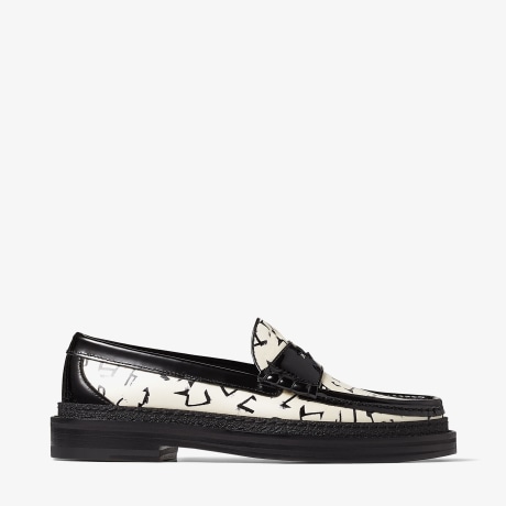 White and Black Artwork Printed Patent Leather Loafers