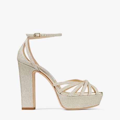 JIMMY CHOO Isra 120 プラチナ アイスプラットフォーム サンダル White Satin Platform Sandals with All-Over Pearl
