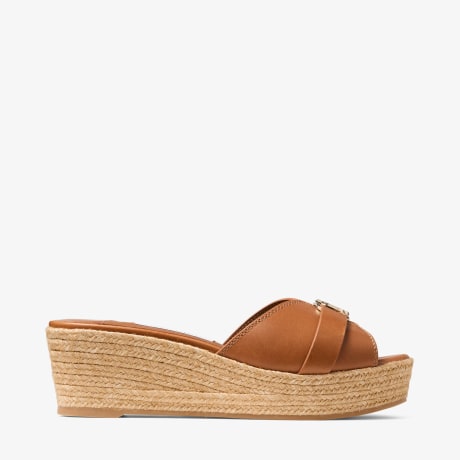 Leda Wedge 50 | Tan Soft Vacchetta Leather Mule Wedges | JIMMY CHOO
