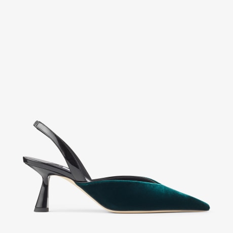 MARYANNE SB 65 | Dark Green Velvet Sling Back Pumps | New