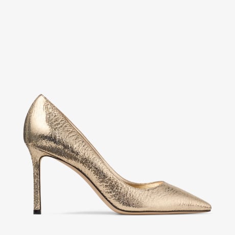 Romy 85 | Gold Crushed Metallic Pointy Toe Pumps | JIMMY CHOO