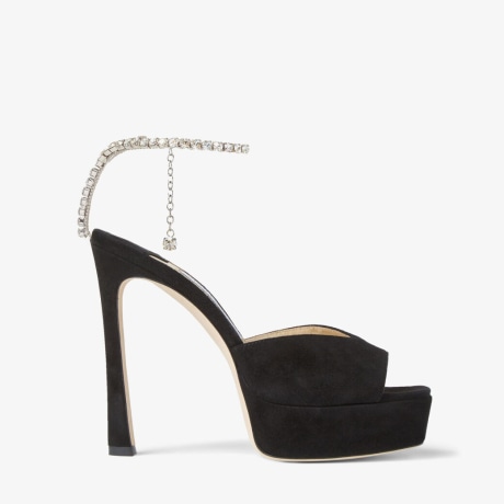 洗練【JIMMY CHOO】Saeda 125 装飾プラットフォームパンプス Saeda 125 embellished satin platform sandals in black
