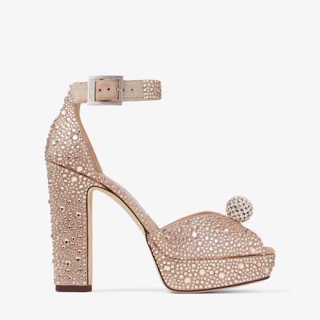 サンダル・ミュール JIMMY CHOO SOCORIE120 SHIMMER SUEDE SANDAL Honey Gold Suede Platform Sandals with Crystals | SOCORIE