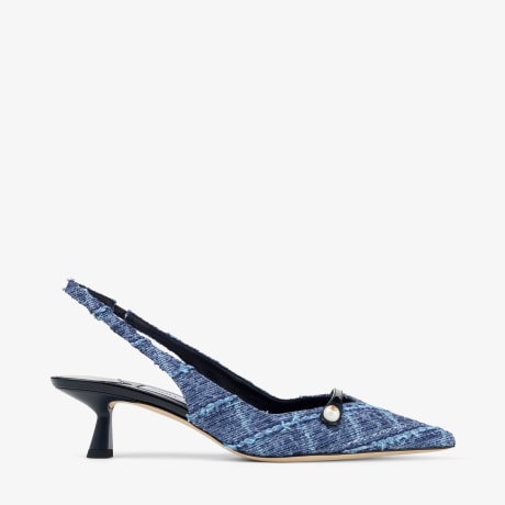 Amita 45 | Marine Crosshatch Denim and Patent Leather Slingbacks
