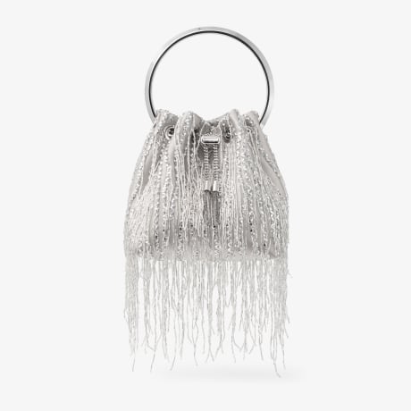 Bon Bon | Silver Braided Fringe Embroidery Bucket Bag | JIMMY CHOO