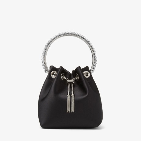 Bon Bon | Black Satin Bag with Crystal Handle | JIMMY CHOO