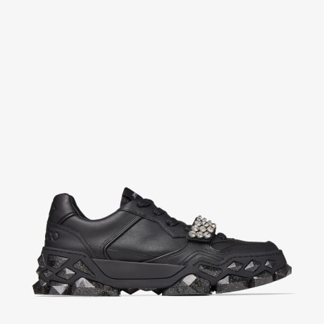 限定入荷【JIMMY CHOO DIAMOND X CALF+CRYSTALS】 Black Calf Leather Low-Top Trainers with Crystal Strap