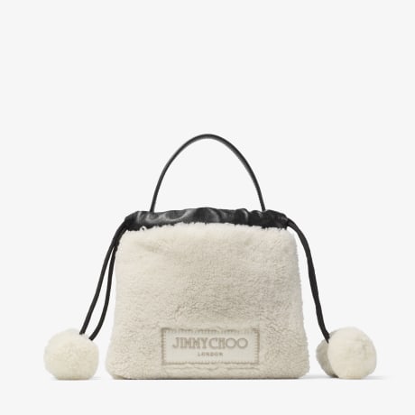 Drawstring Pouch Top Handle | Natural and Black Shearling and