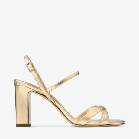 Elsy Block Heel 85 | Gold Metallic Nappa Leather Sandals | JIMMY CHOO