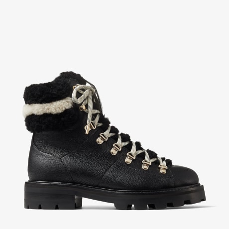 Black Grainy Leather Hiking Boots with Natural and Black Shearling ...