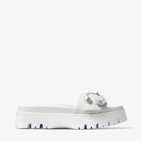 MAITI FLAT | White Nappa Leather Platform Sandals with C-Buckle ...