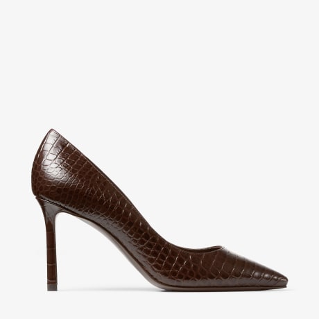 Romy 85 | Chocolate Croc Embossed Leather Pumps | JIMMY CHOO