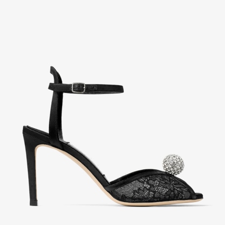 Sacora 85 | Black Lace Sandals with Crystal-Embellished Sphere