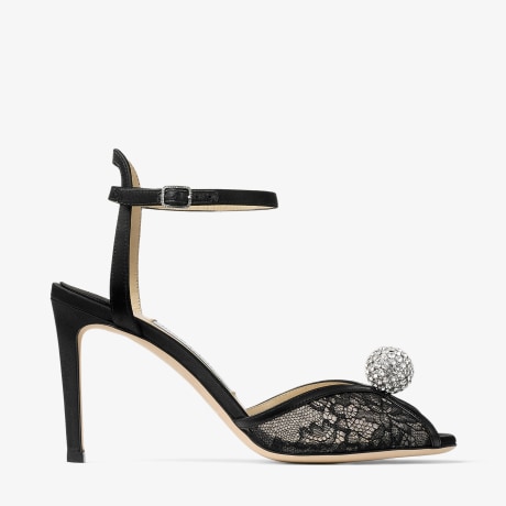 Sacora 85 | Black Lace Sandals with Crystal-Embellished Sphere
