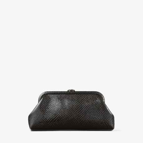 【ポチ】 Skylar | Black Shiny Snake Printed Leather Clutch with Square JC
