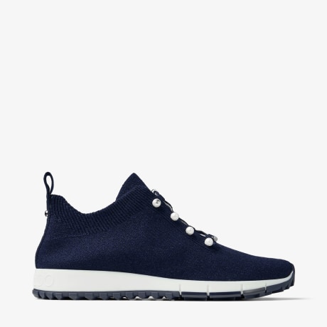 Veles | Marine Cashmere Melange Knit Trainers with Pearl Buttons