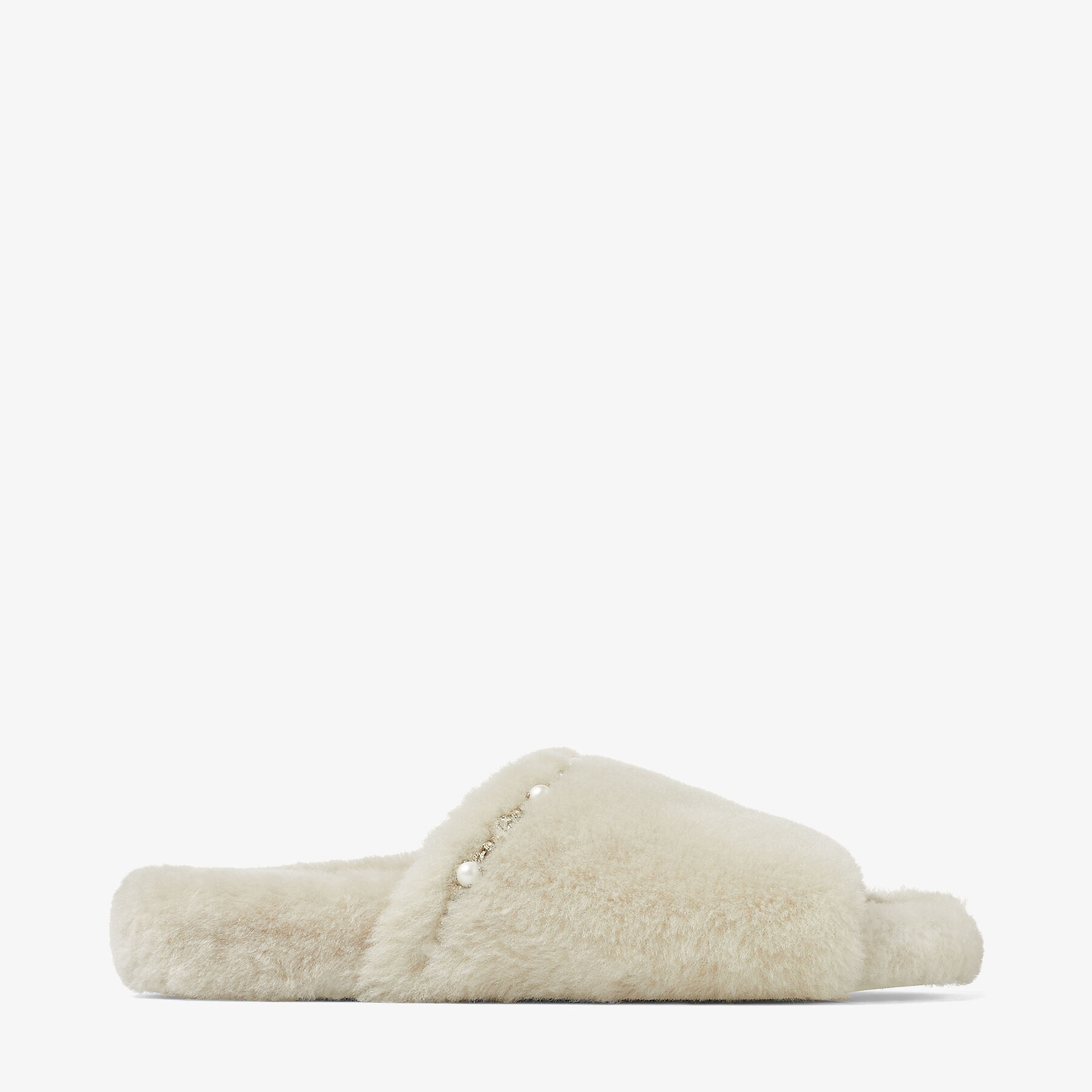 Natural Shearling Slippers with Crystal and Pearl Detailing