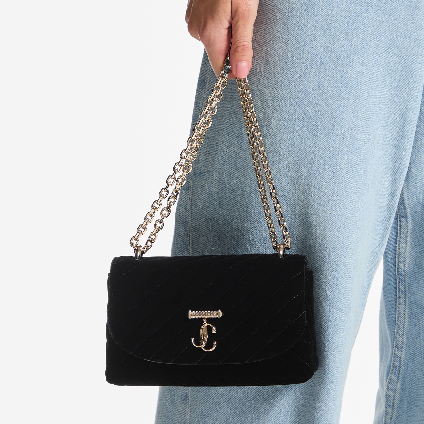 Curve Cross Body Small | Black Quilted Velvet Crossbody Bag with