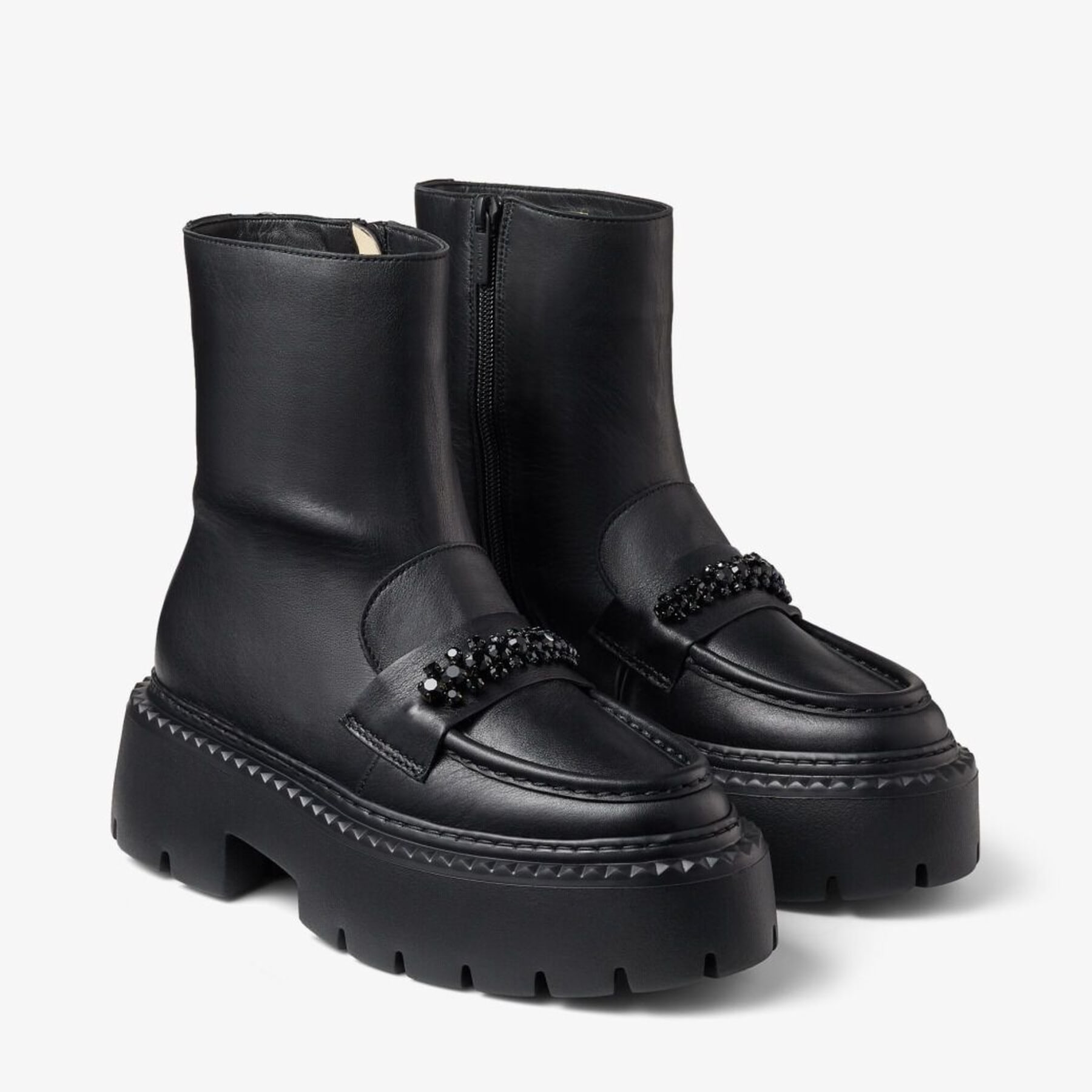 （ブランドロゴ）の人気ランキング BRYER FLAT | Black Box Calf Leather Ankle Boots with Crystal 靴