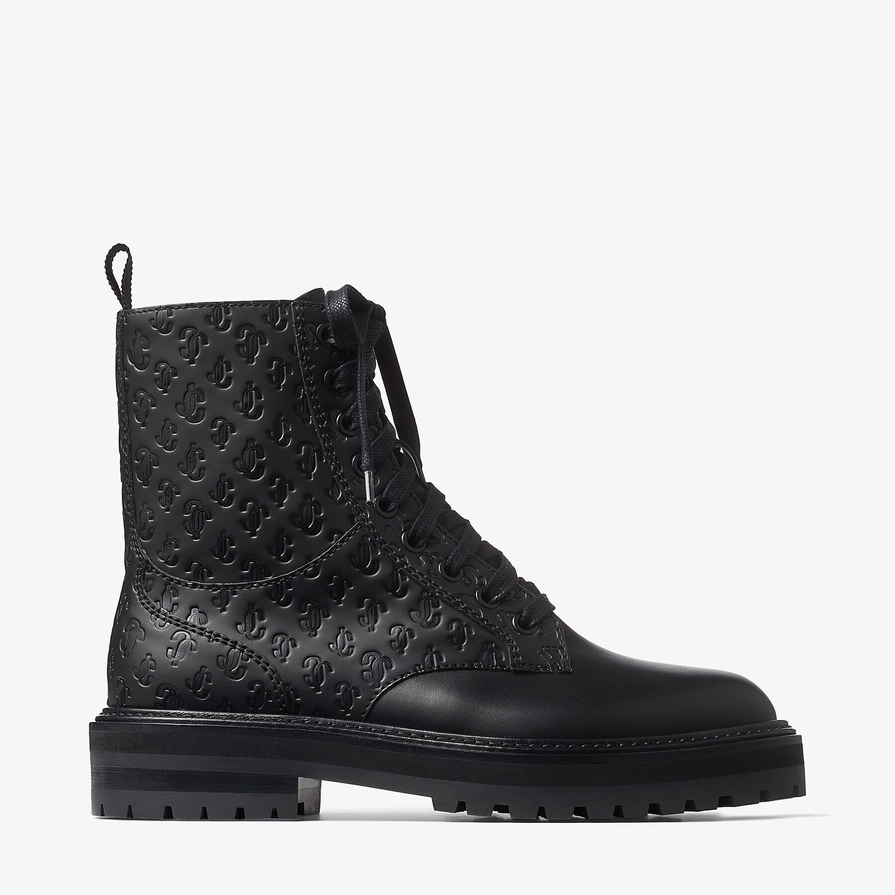 JIMMY CHOO の靴♪ ★ CORA FLAT ★ 【多色在庫】 Black JC Monogram Leather Combat Boots | CORA FLAT | High