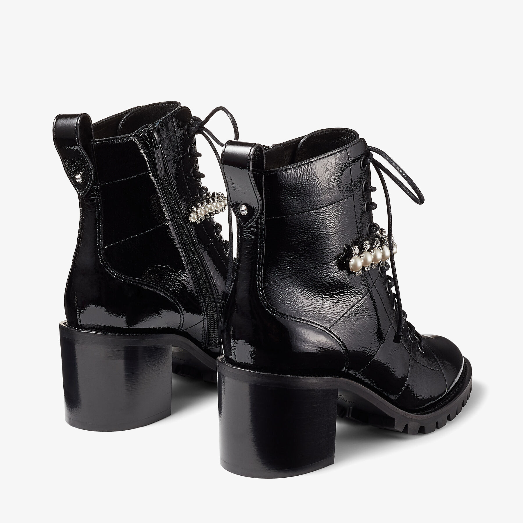 Black Naplack Lace-Up Combat Boots with Crystal and Pearl 